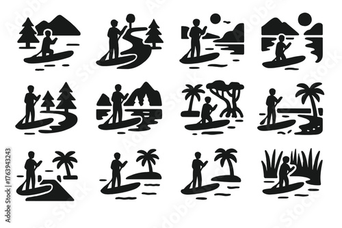 Scenic Paddleboarding Icons. Solid style icons of Scenic paddleboarding locations: lake view, river bend, coastal bay, ocean cove,