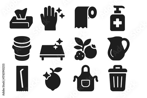 Health Hygiene Icons. Solid style icons of Health and hygiene at the stand: hand wipes, clean gloves, napkin roll, sanitizer