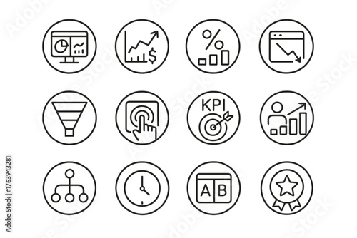 Performance Analytics Icons. Line style round icons of performance analytics: dashboard screen, ROI graph, conversion rate, bounce