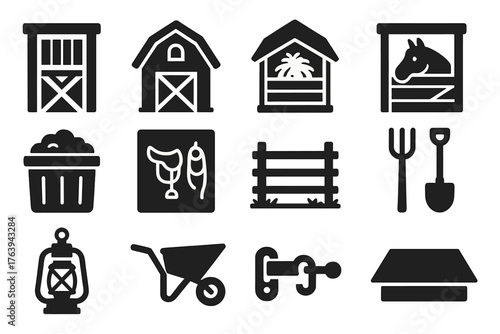 Stable and Barn Icons. Solid style icons of Stables and Barns: stable door, barn building, hay loft, horse stall, feed bin, tack