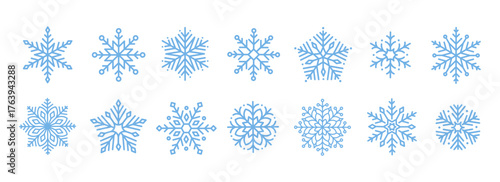 Cute minimalistic snowflakes collection. Festive winter holiday decorations for Christmas and New Year. Flat vector illustration on white background