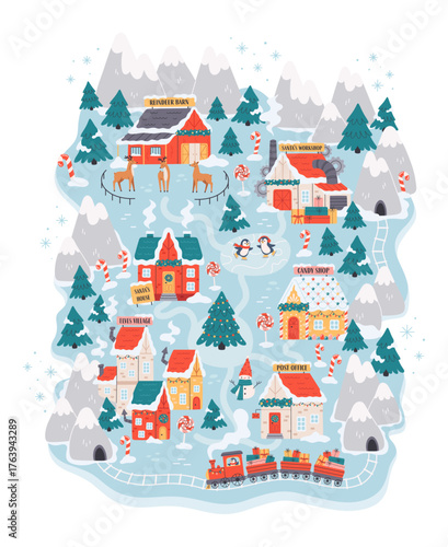 Cute North Pole Christmas village map. Perfect for Christmas greeting cards, posters, advent calendars, childrens illustrations, and seasonal festive designs