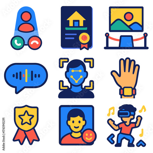 VR Metaverse Icons. Flat vector icons of virtual reality and metaverse items: hologram call interface, digital property deed, VR