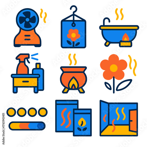 Bold Aroma Icons. Flat vector icons of home fragrance and air freshening: fan-powered aroma diffuser, scented card hanging on wall