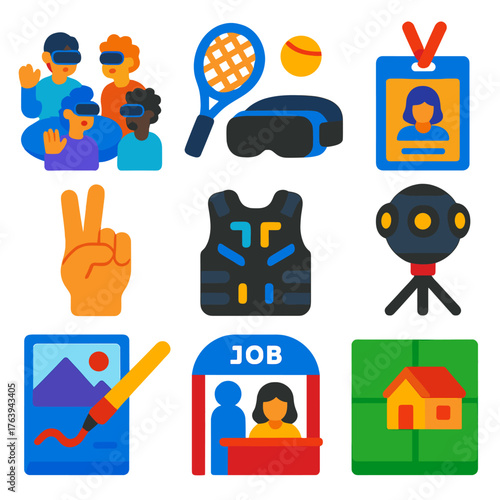 Metaverse Icon Set. Flat vector icons of virtual reality and metaverse items: social VR meetup scene, VR sports equipment, digital