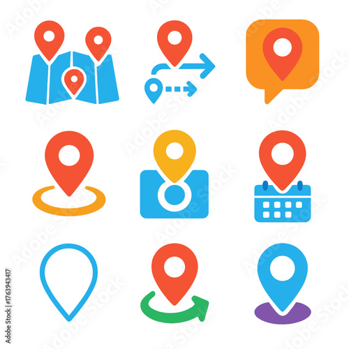 Vibrant Navigation Icons. Flat vector icons of navigation pins: map with multiple pins, location pin with route arrows, pin in