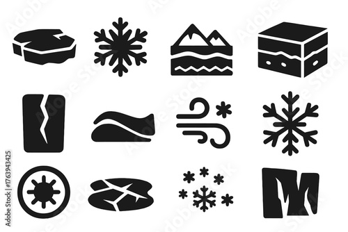 Arctic Element Icons. Solid style icons of Natural arctic elements: ice floe, snowflake, frozen tundra, permafrost, glacial