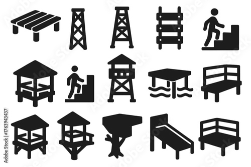 Platform and Tower Icons. Solid style icons of Platforms and Towers: wooden platform, steel tower, rope ladder, stair climb,