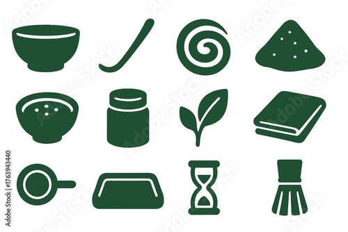 Matcha Icons Collection. Solid style icons of Matcha-related items: matcha bowl, green tea scoop, matcha swirl, powder mound, tea