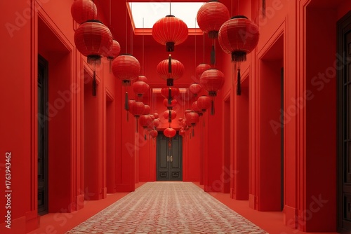 Vibrant Red Corridor Adorned With Lanterns and Intricate Tiles in Traditional...