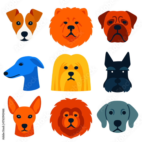 Vibrant Dog Breed Icons. Flat vector icons of dog breeds heads: Jack Russell Terrier with perky ears, Chow Chow with lion mane,