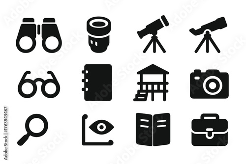 Observation Tools Icons. Solid style icons of Observation Tools: binoculars, camera lens, telescope, spotting scope, viewing