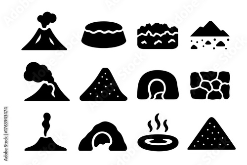 Volcanic Landscape Icons. Solid style icons of Volcanic landscape features: volcanic cone, caldera rim, lava field, ash plain,