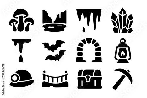 Underground Cavern Icons. Solid style icons of Underground Cavern: glowing mushrooms, underground lake, stalactites, crystal