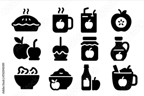 Apple Product Icons. Solid style icons of Apple Products: apple pie, apple cider, apple juice, dried apple, candied apple, caramel