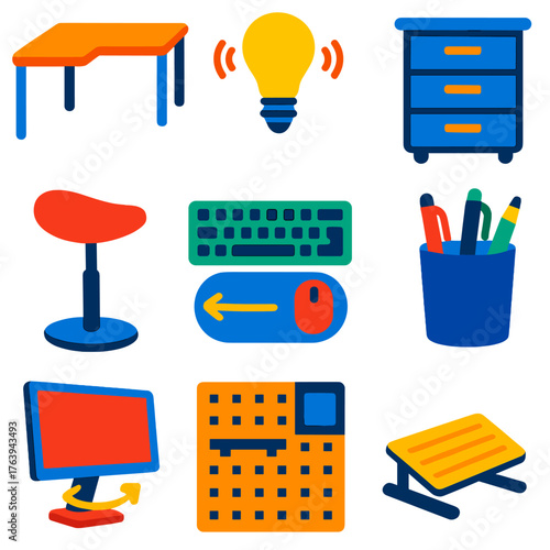 Ergonomic Office Icons. Flat vector icons of home office ergonomics and setup: L-shaped workstation, smart lighting system,