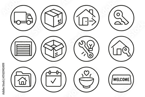Moving Icons Collection. Line style round icons of moving and relocation: moving truck, packed box, change of address, moving