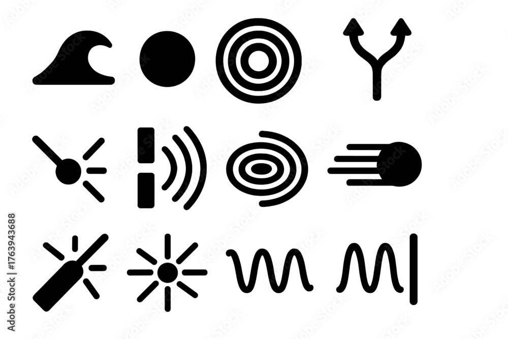 Obraz premium Physics Duality Icons. Solid style icons of Wave-Particle Duality: wave crest, particle dot, interference pattern, dual path,