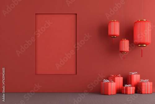 Decorated Corner With Red Lanterns and Gifts for Festive Celebration in a War...