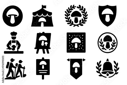 Mushroom Festival Icons. Solid style icons of Mushroom festival and culture: mushroom emblem, local fair tent, harvest wreath,