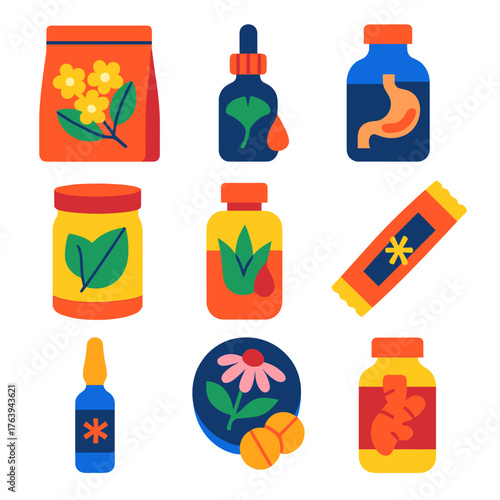 Bright Health Icons. Flat vector icons of health supplements and natural remedies: elderflower cold tea mix, ginkgo smart drops,