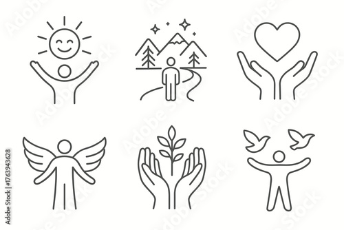 Inner peace and spiritual freedom line icons — hope, love, balance, and positive energy concept