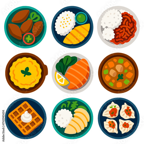 International Cuisine Icons. Flat vector icons of international cuisine and world foods: Syrian kibbeh platter, Thai mango sticky