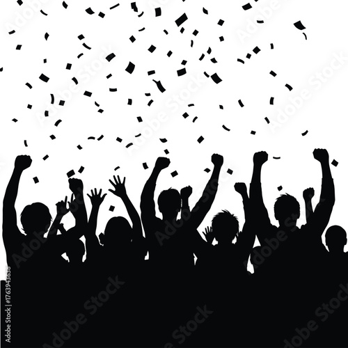 Joyful crowd silhouettes celebrate under a shower of falling confetti