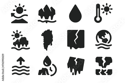 Climate Change Icons. Solid style icons of Climate and Ice: warming symbol, glacier retreat, melting droplet, temperature icon,