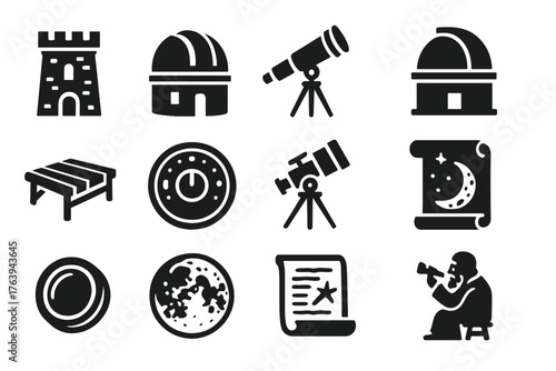 Historic Observatory Icons. Solid style icons of Historic observatories: stone tower, classic dome, brass telescope, old