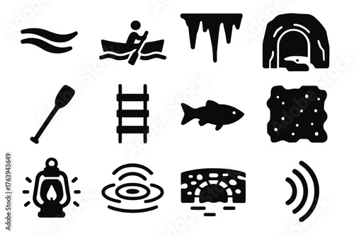 Subterranean River Icons. Solid style icons of Subterranean River: flowing stream, underground boat, dripping stalactites, carved