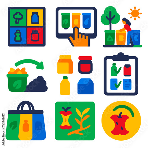 Eco Waste Icons. Flat vector icons of waste sorting and recycling systems: home waste separation chart, touch panel sorting