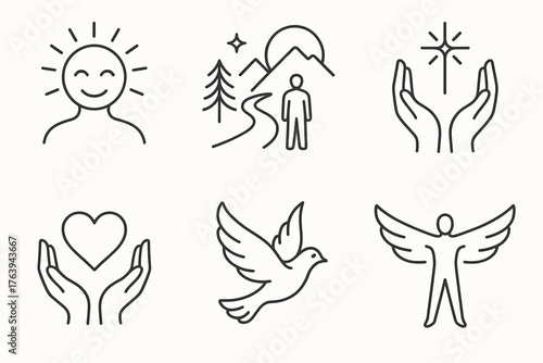 Hope and spiritual healing line icons — peace, freedom, love, and positive mindset concept
