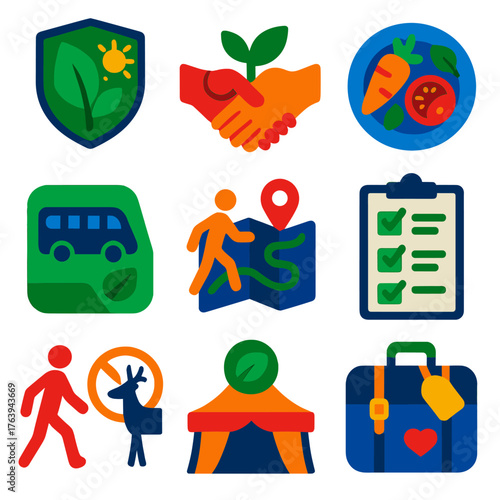 Eco Travel Icons. Flat vector icons of sustainable travel and eco tourism: nature protection badge, fair-trade goods label, local