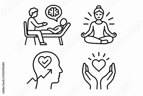 Mental health therapy and mindfulness icons — meditation, emotional healing, and psychological support concept