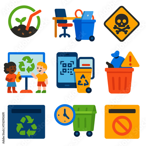 Waste Sorting Icons. Flat vector icons of waste sorting and recycling systems: biodegradable straw in compost icon, e-waste bin at