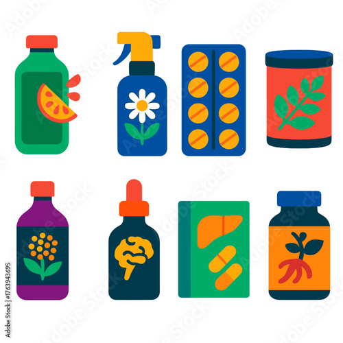 Vibrant Supplement Icons. Flat vector icons of health supplements and natural remedies: detoxifying juice blend, chamomile sleep