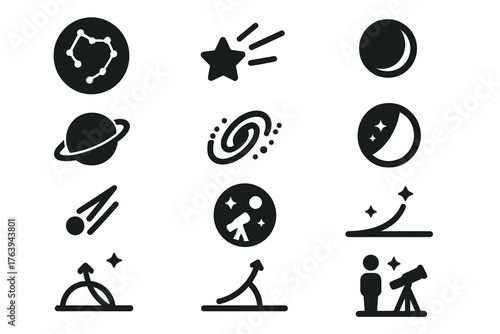 Night Sky Icons. Solid style icons of Night sky observation: constellation map, shooting star, moon phase, visible planet, deep