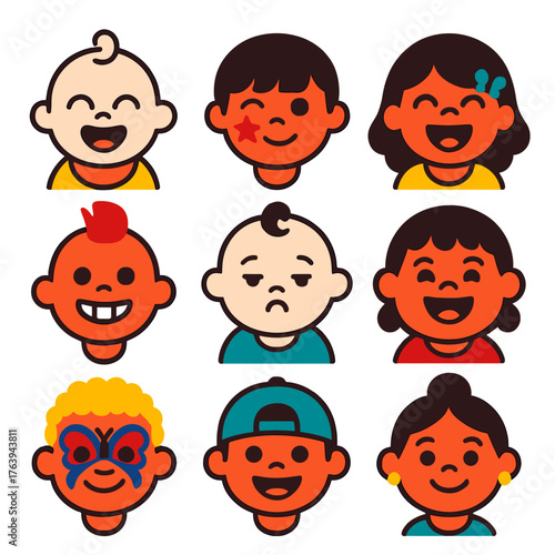 Colorful Kids Icons. Flat vector icons of children faces: baby giggling with closed eyes, child with star sticker on cheek,