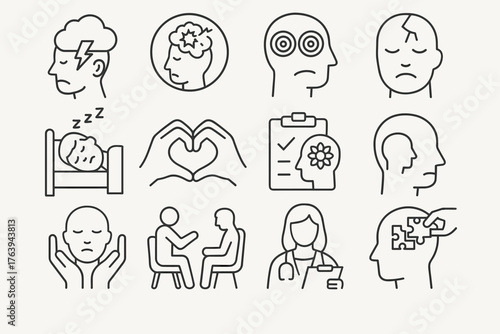 Mental disorder and psychotherapy line icons set — depression, anxiety, insomnia, and psychological treatment concept