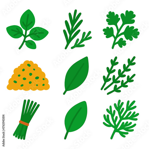 Colorful Herb Icons. Flat vector icons of kitchen herbs and cooking spices: basil leaves, rosemary sprigs, parsley bunch. Dried