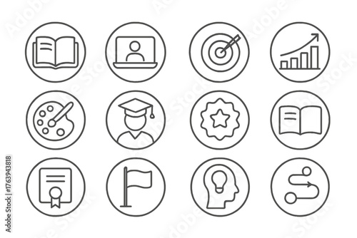 Lifelong Learning Icons. Line style round icons of lifelong learning: self-study book, webinar icon, personal goal, growth chart;