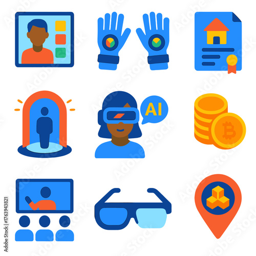 Metaverse Icon Set. Flat vector icons of virtual reality and metaverse items: avatar customizing screen, VR hand sensors, digital