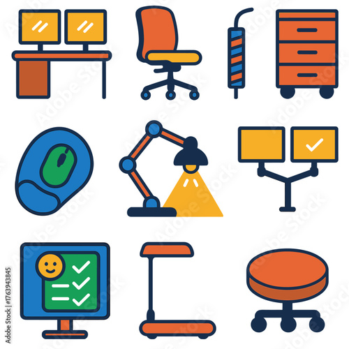 Modern Ergonomic Office Icons. Flat vector icons of home office ergonomics and setup: corner monitor configuration, chair with