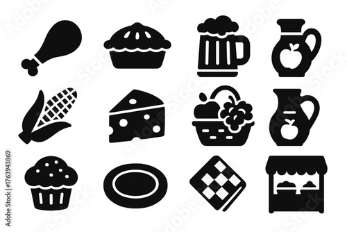 Renaissance Feast Icons. Solid style icons of Renaissance Food: turkey leg, meat pie, bread loaf, tankard of ale, roasted corn,