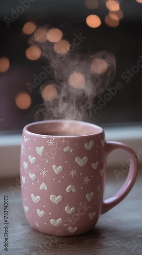 Pink ceramic mug with white heart pattern and steam rising from a hot drink. Cozy winter atmosphere with warm bokeh lights in the background. Concept of warmth, comfort, and relaxation at home.
