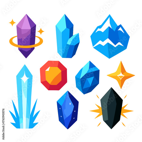 Vibrant Crystal Icons. Flat vector icons of crystals: floating energy crystal, layered quartz shard, glowing gem with gradient