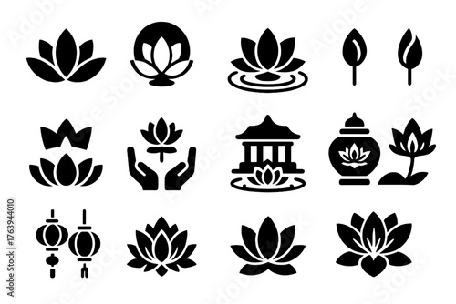 Solid Lotus and Lily Icons. Solid style icons of Lotus and Lily Culture: lotus bloom, sacred flower, meditation pond, lotus bud,