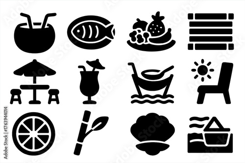 Seaside Dining Icons. Solid style icons of Seaside Dining: coconut cup, grilled fish, fruit platter, bamboo plate, beach table,
