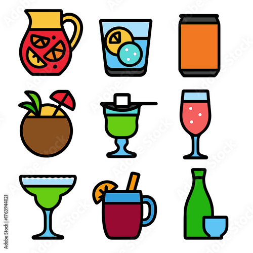 Bold Drink Icons. Flat vector icons of alcohol drink: sangria pitcher with fruits, gin and tonic with lemon, craft beer can. Pina